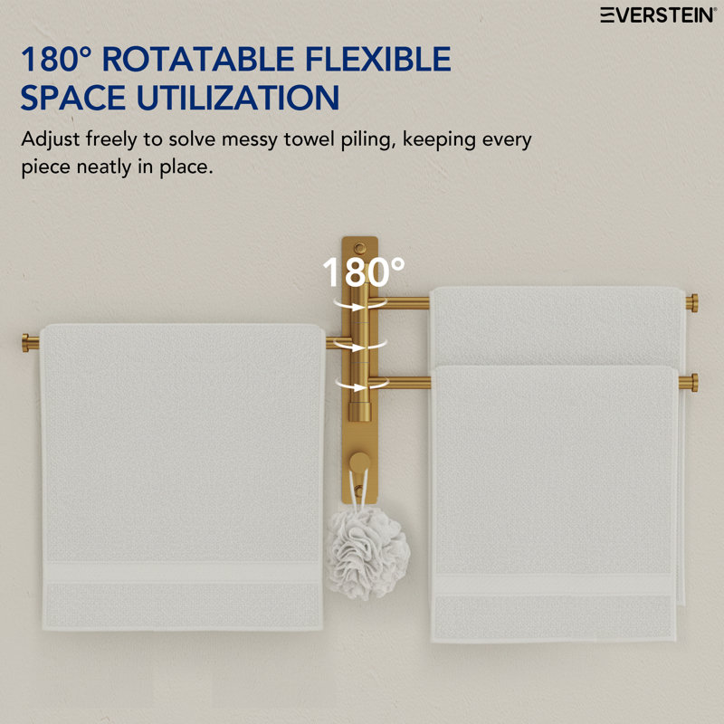 Wall-Mount Swivel Towel Bar With Hooks, Brushed Gold