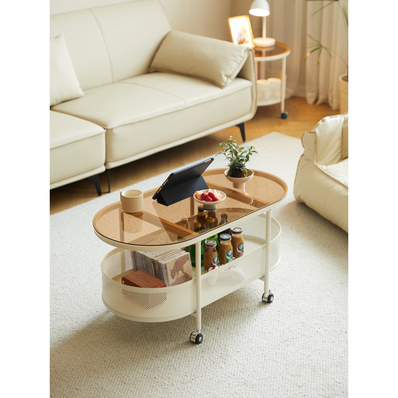 Table basse mobile ovale en verre et métal avec rangement, table basse