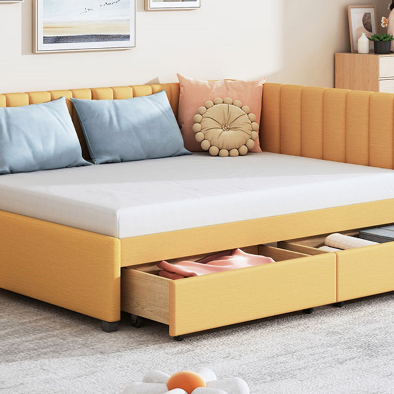 Full size upholstered daybed with 2 storage drawers sofa bed frame no box spring needed, linen fabric, Jaune