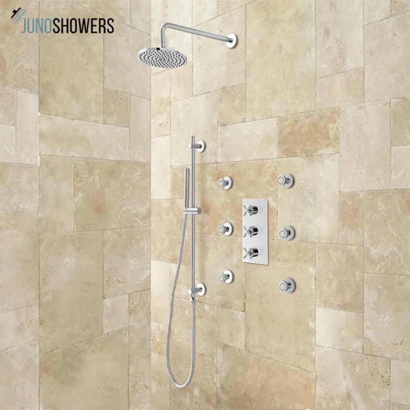 Juno Cali Thermostatic Wall Mount Shower System With Six Body Jets in Chrome Finish