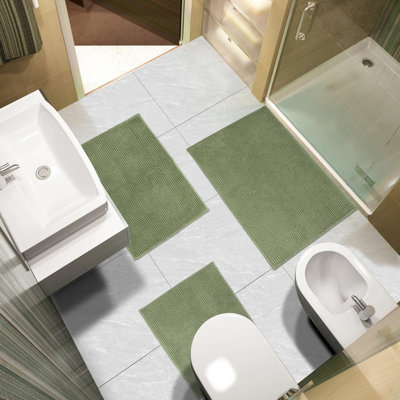 Bathroom Rugs Sets 3 Piece, Non-Slip Chenille Bath Rug - Ultra Soft, Washable, Super Absorbent Bath Mat For Bathroom, Toilet And Tub (Sage)