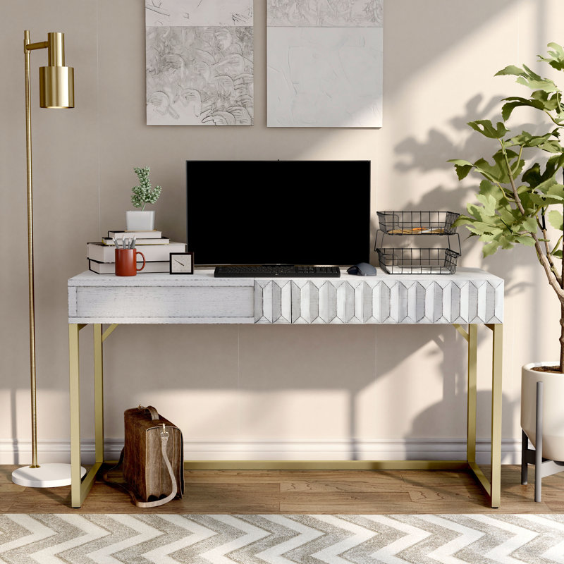 Livengood 56.75"W Metal Base Writing Desk, White/Gold