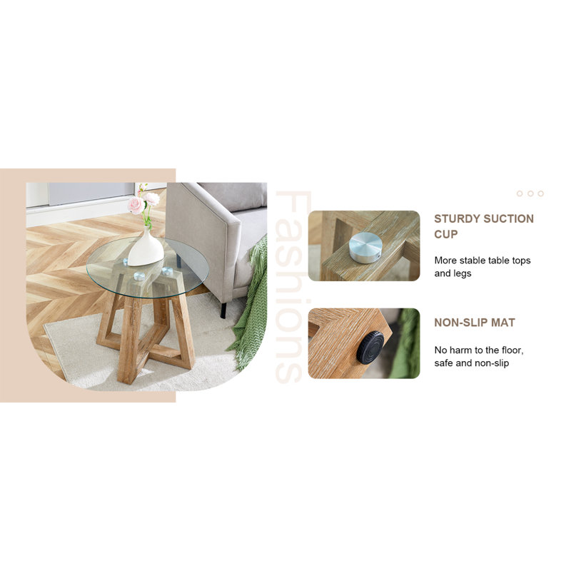 Modern And Practical Round Table: Clear Tempered Glass Top And Wood-coloured Mdf, Ideal For Living Rooms And Bedrooms