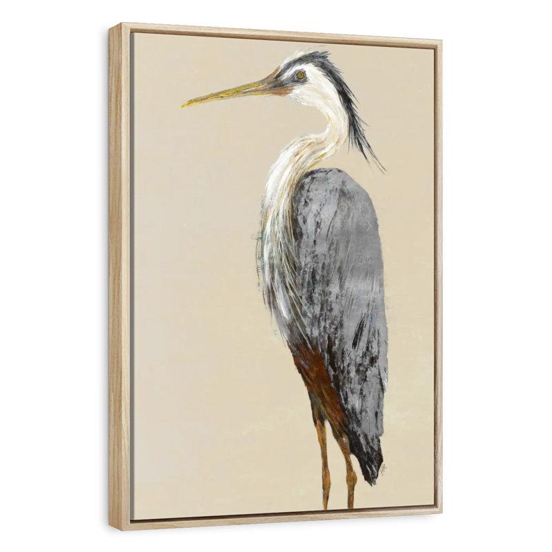 Héron sur fond brun clair II, Cadre flottant en bois naturel, 17 po x 25 po