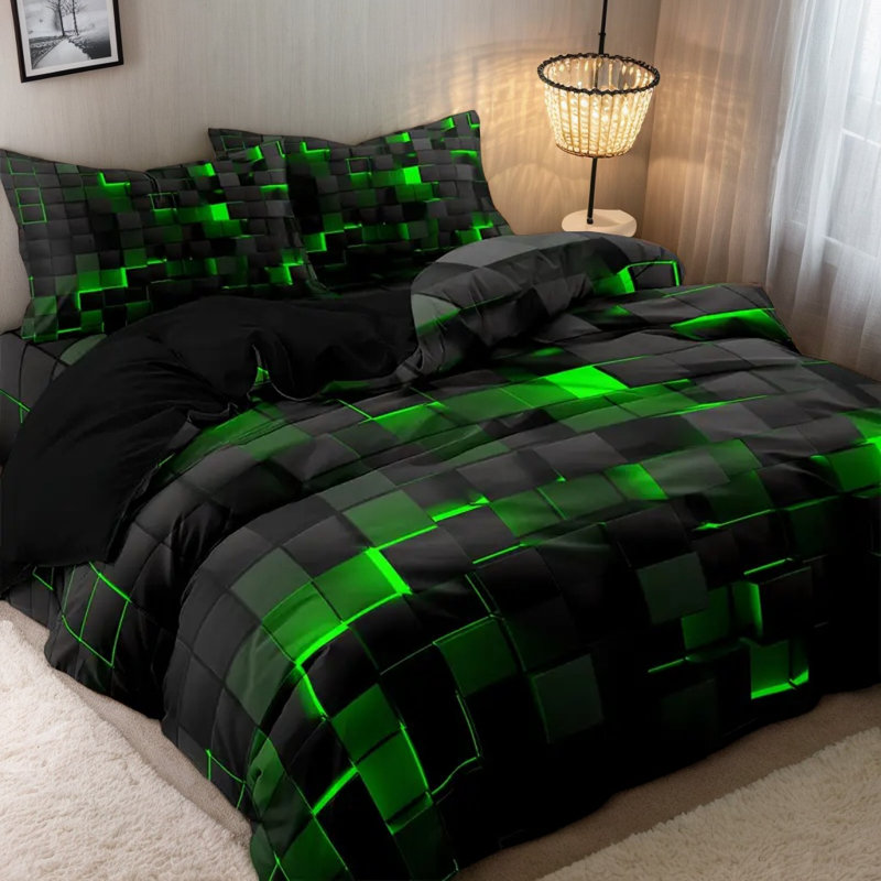 Green And Black Geometric Microfiber Duvet Cover Set With Pillowcases, Digital Print Block Pattern Front With Solid Black Back, Reversible Bedding, Twin Full Queen King, Comforter And Pillow Inserts Not Included