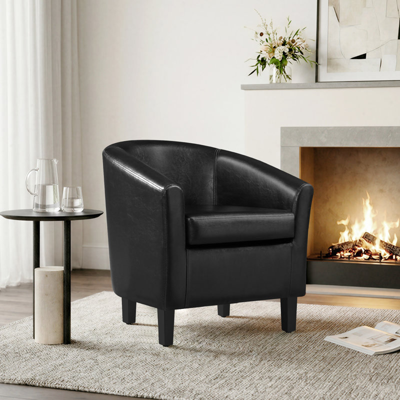 Seldon 28'' H Vegan Leather Barrel Chair, Black Faux Leather