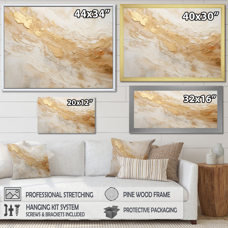 Géode magique de marbre doré blanc - art abstrait marbre, Cadre flottant doré, H 34 po x l 44 po x P 1,5 po