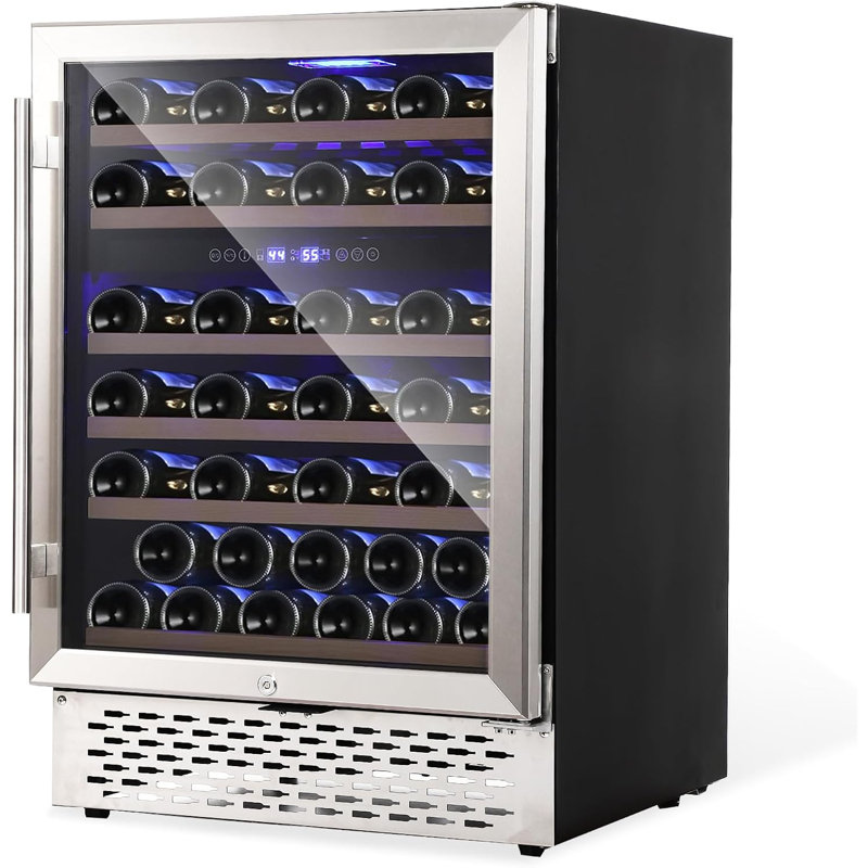 Refroidisseur à vin 24 po amélioré, réfrigérateur à vin à deux zones 51 bouteilles, refroidisseur à vin encastré ou autoportant avec acier inoxydable, porte silencieuse, porte en verre, verrouillage de sécurité, fonction de mémorisation de tem