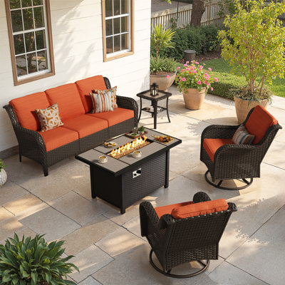 Tommy 5- Person Outdoor Wicker Patio Sofa Seating Group With Swivel Rocking Chairs And Fire Pit Table