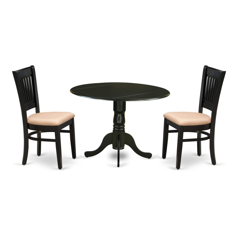3 Piece Kitchen Table Set for Small Spaces Contains a Round Dining Room Table with Dropleaf and 2 Linen Fabric Chairs, Black