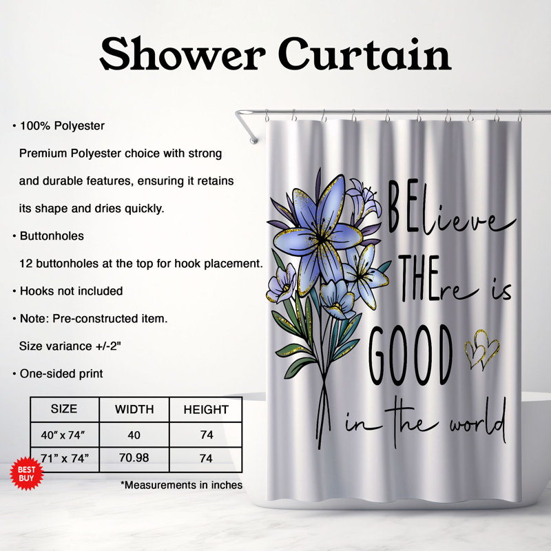 Rideau de douche 1 pièce Glittery Flower Love, H 74 po x l 40 po