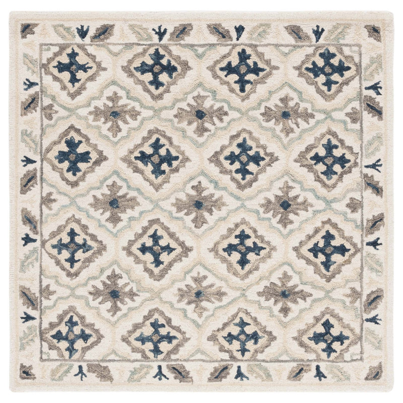 Betsy-Belle Hand Tufted Wool/Cotton Geometric Rug in Blue/Ivory, Square 5'