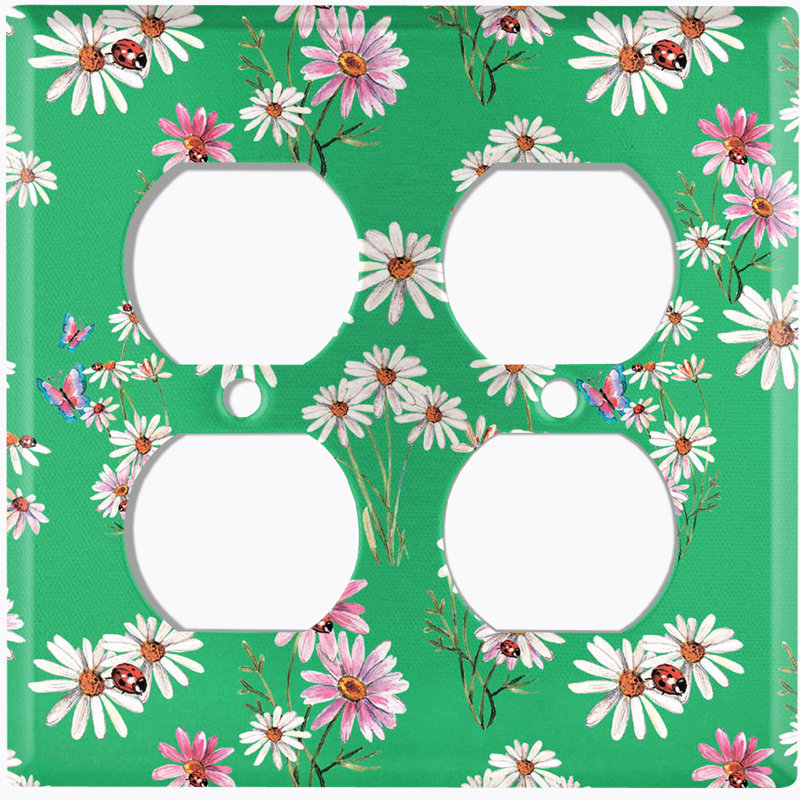 Metal Light Switch Plate Outlet Cover (White Dandelions Lady Bug Butterfly Green - Single Toggle)