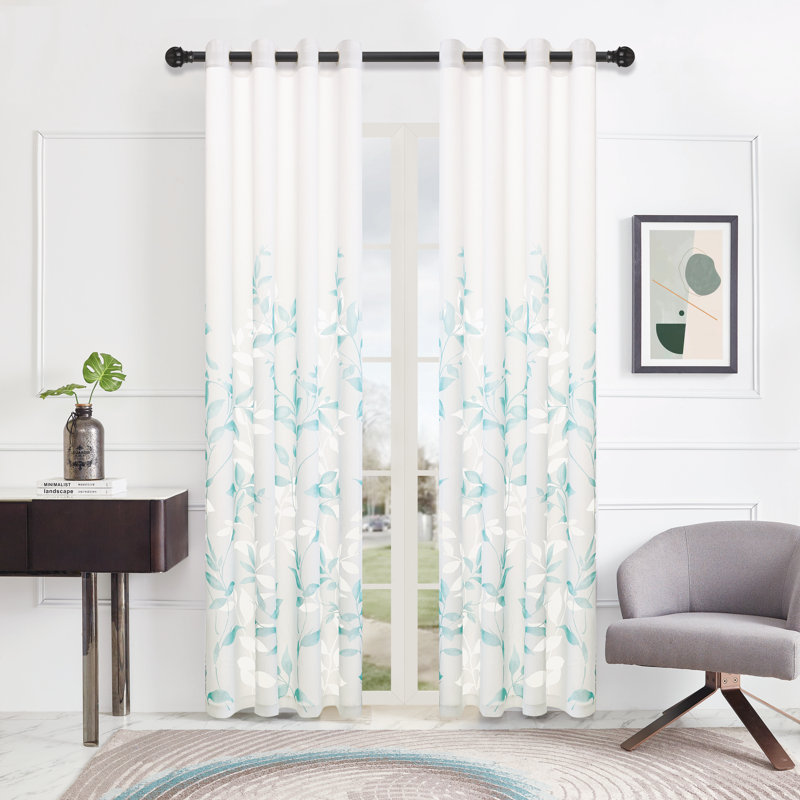 Panneau de rideau simple floral avec œillets, L 52 po x L 95 po, Bleu sarcelle