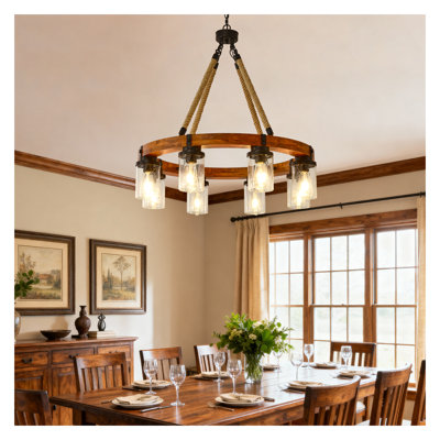 8 Light Rustic Wagon Wheel Chandelier, 31 Inch Farmhouse Wooden Pendant Light with Seeded Glass Shade - Industrial Chandeliers for Dining Room Kitchen Island Foyer