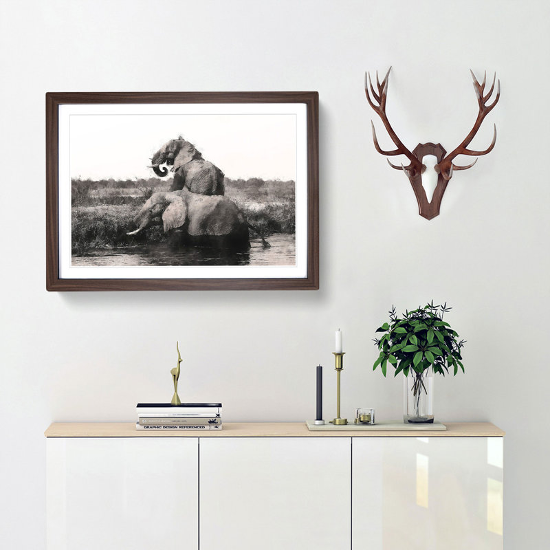Two Elephants - Picture Frame Graphic Art Print, 24cm H x 33cm W x 2cm D, Walnut Framed