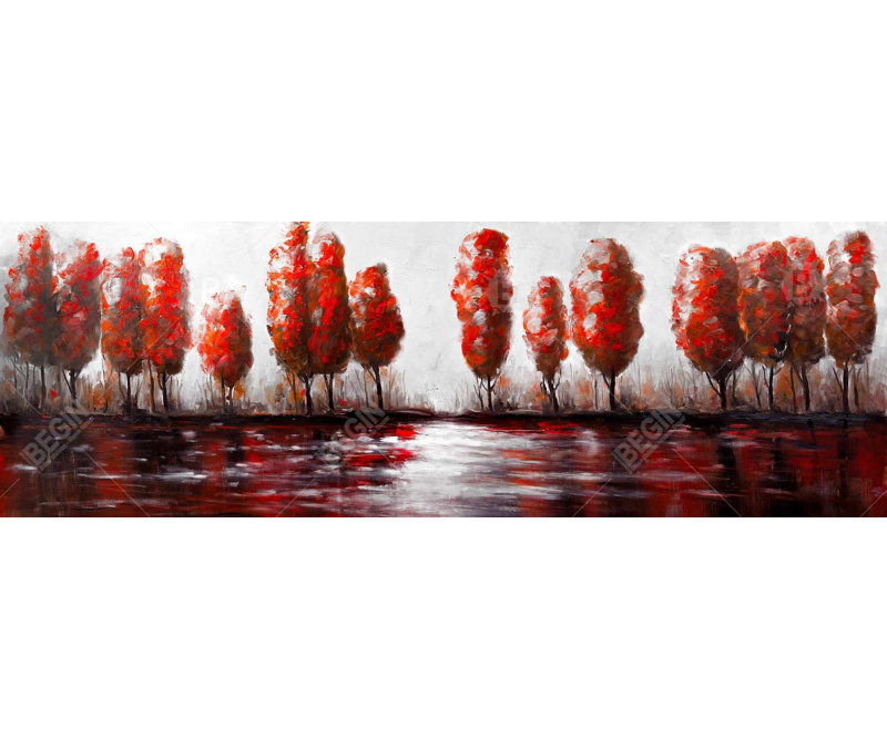 Red Trees by the Lake - Black Framed Canvas Home Decor