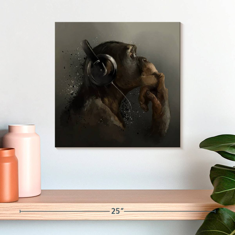 Chimpanzé Crowle avec casque d'écoute, H 16 po x l 16 po