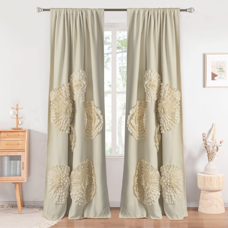 Large 3D Appliqued Flower Blackout Curtain Panel - 54X84 Inch, Brushed Microfiber Fabric, Machine Washable, Camel