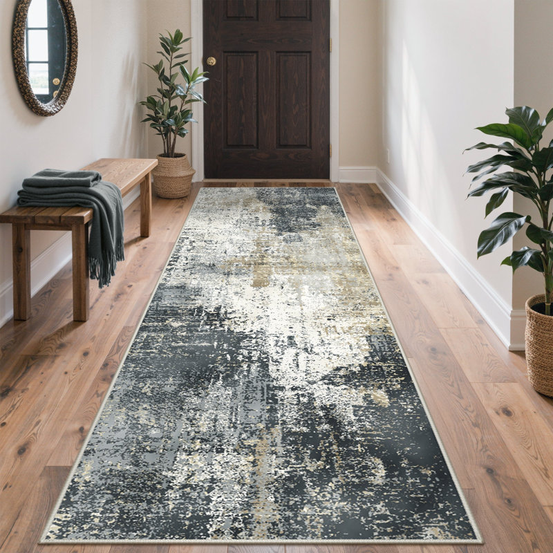 Abstract Area Rug, Black/Gold/Beige, Runner 80 x 300 cm