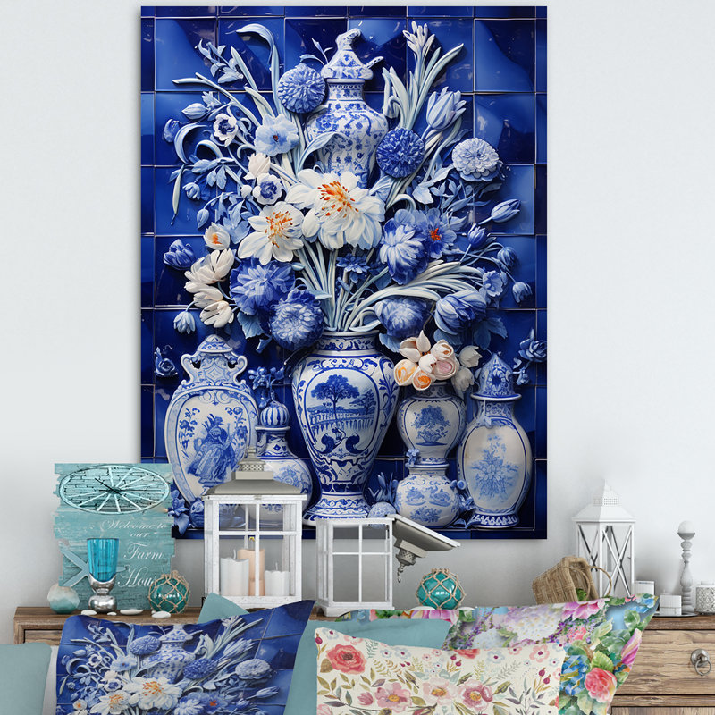 «Blue Boho Flower Pottery I» - art mural Boho, Toile tendue, H 32 po x l 16 po x P 1 po