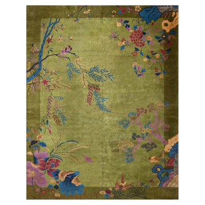 1920s Room Size Wool Green Floral Modern Antique Chinese Art Deco Carpet Rug