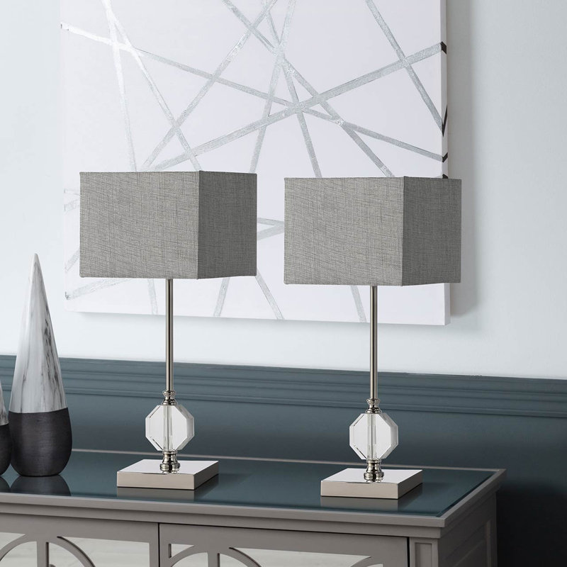 Abdias Crystal Table Lamp with Metal Base for Bedroom Furniture, Bedside Buffet Lamp with Linen Shade, Silver, Grey