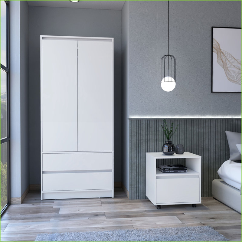 Ensemble de chambre à coucher 2 pièces avec table de chevet et armoire, blanc neige | Bois d'ingénierie | Blanc