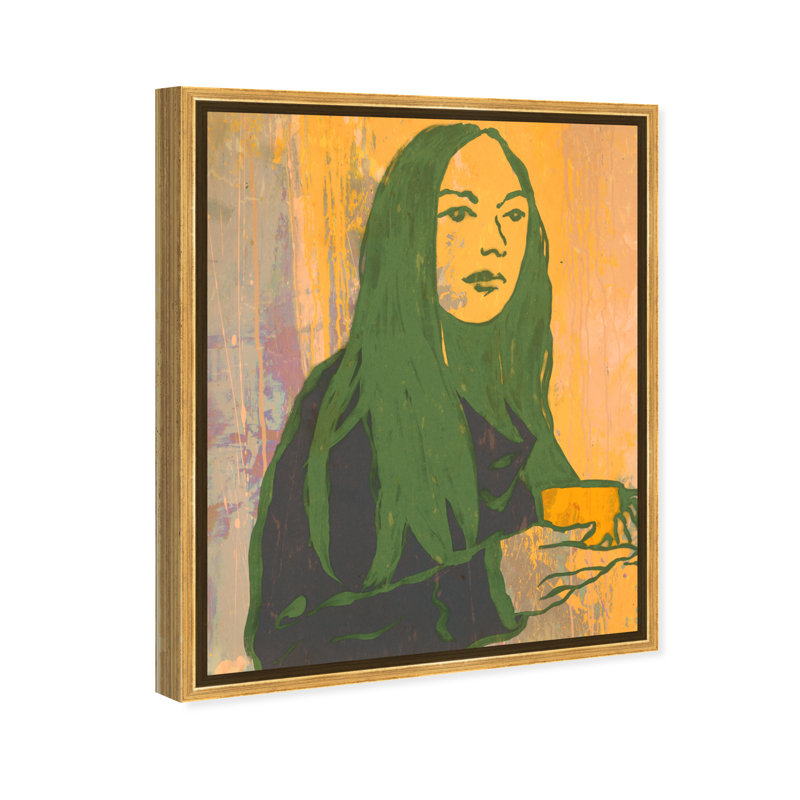 Lady Green Tea - peinture sur toile, H 45 po x l 36 po, Toile encadrée d'or