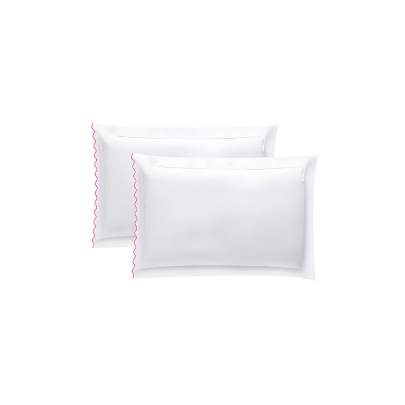 400TC Small Scallop Embroidery Cotton Pillowcases (Set Of 2), White/Hot Pink