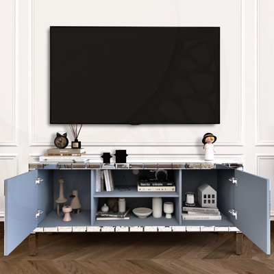 Mirrored Brookwood with Crushed Diamond Glass Doors, a Modern and Functional Media Entertainment Center for Living Room with Adjustable Storage