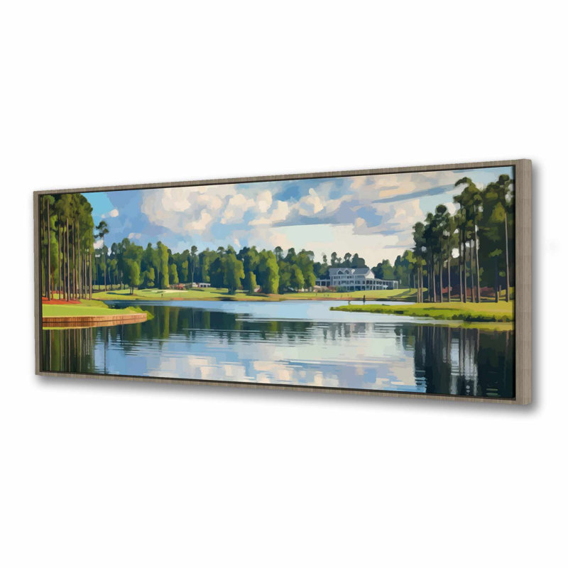 «Golf Lake», toile encadrée d'arbres bleus illustratifs | Décoration intérieure, H 17,25 po x l 49,25 po