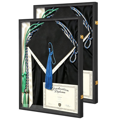 2 Pack Large Black Graduation Shadow Box Frame, Wall Mount Lockable Memorabilia Display Case with Acrylic Glass Door for Graduation Cap, Gown, Diploma and Graduation Keepsakes