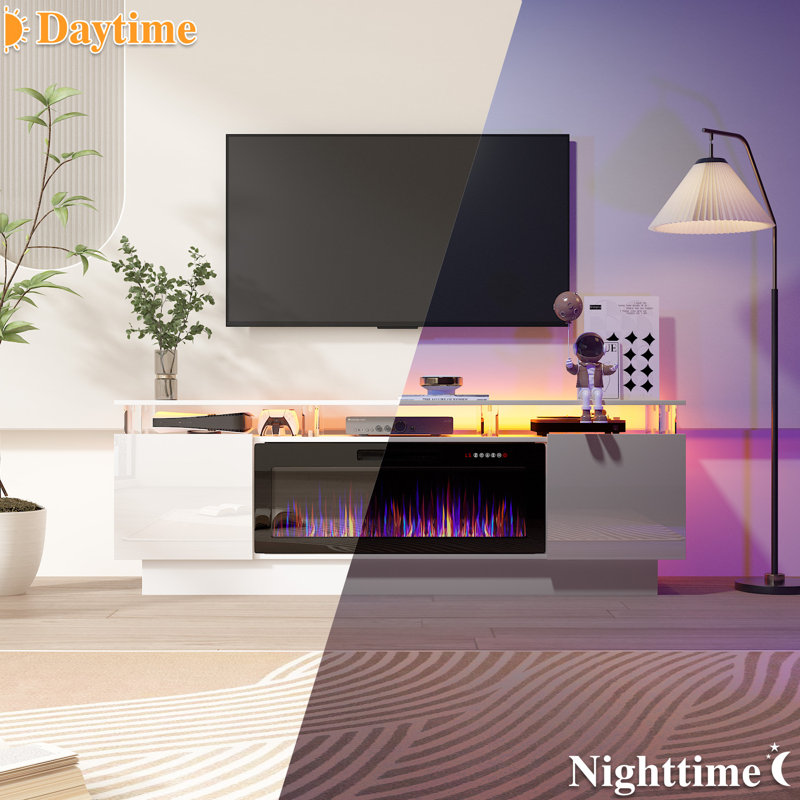 2 Tier High 70" Gloss Tv Stand With Electric Fireplace, White/Black