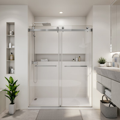 48 In. W X 76 In. H Frameless Double Sliding Shower Door With 3/8 In. Tempered Clear Glass In Brushed Nickel