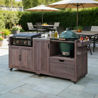 80.3" Solid Wood Outdoor Kitchen Island With Stainless Steel Top, Rolling Grill Cart For Big Green Egg & Griddle