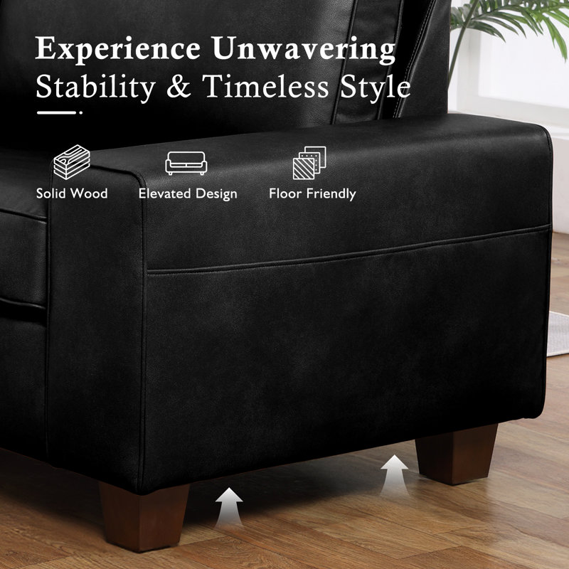 Gilmar 89" Upholstered Vegan Leather Sofa with Square Arms and Storage Pockets, Black