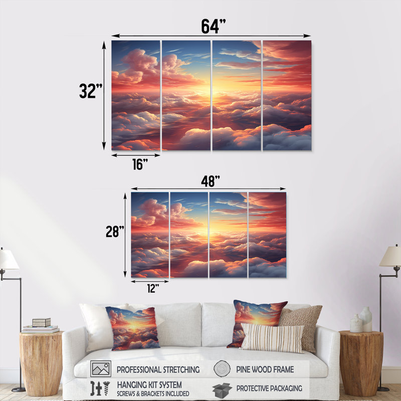 «Yellow and Pink Sunset In The Sky I - Sky», art mural 4 pièces, H 32 po x l 64 po