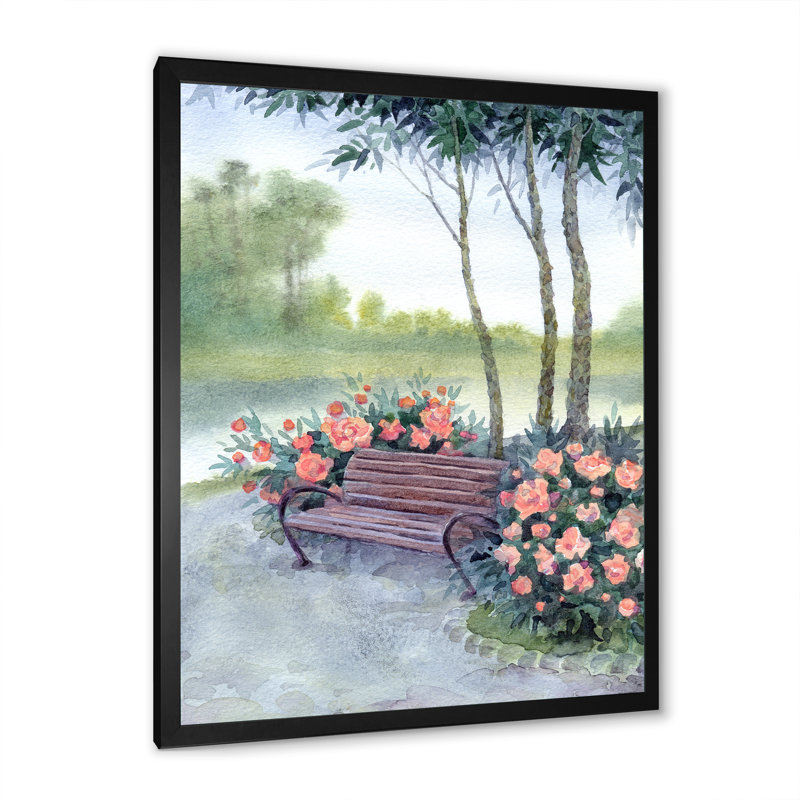 «Bench in Park» par les Pions Bushes - peinture sur toile, H 40 po x l 30 po x 1,5 po, Toile avec cadre noir