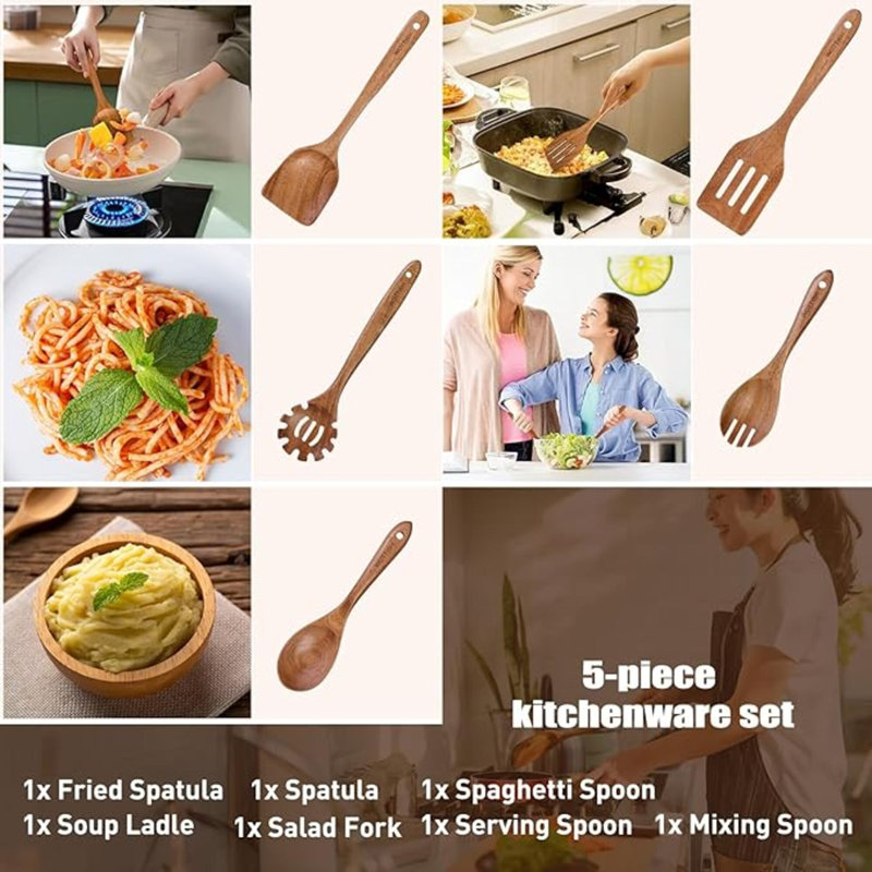 Cuillères en bois pour la cuisine - Ensemble d'ustensiles de cuisine en bois 5 pièces en bois massif naturel - Comprend des cuillères à salade, une cuillère à spaghetti, une fourchette à salade, une spatule plate et une spatule fendue (A05)