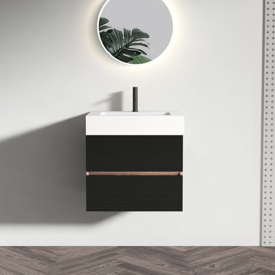 Meuble-lavabo mural de 24 po avec lavabo à quartz d'ingénierie, tiroirs noirs doux, conception Mid-Century, panneaux en bois de qualité E1, finition laquée E0, poignée cachée, test de fermeture ouvert 50000, silencieux