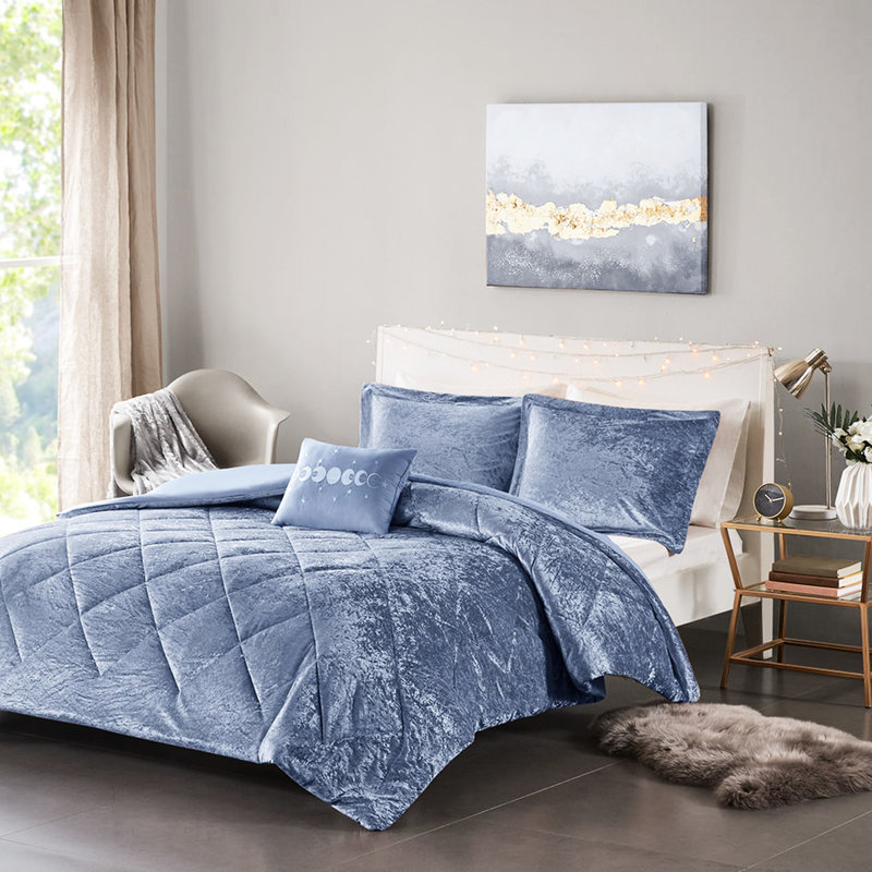 Housse de couette pour lit simple / simple TG en velours bleu pervenche - avec coussin décoratif et taies décoratives pour une chambre à coucher élégante
