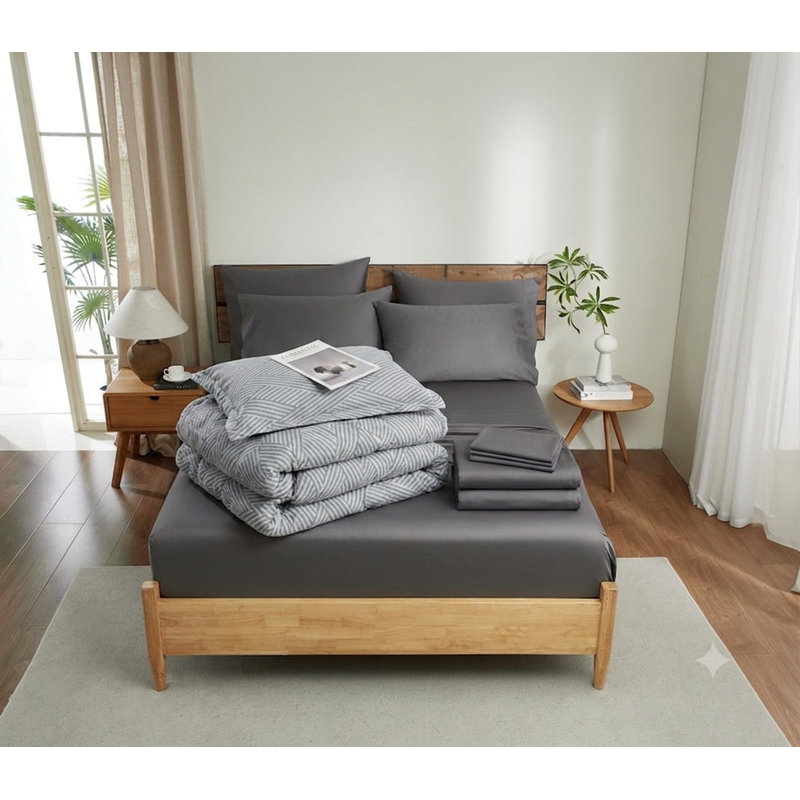Ensemble de couette 7 pièces en coton naturel à rayures zigzac, taille Queen, Grand lit