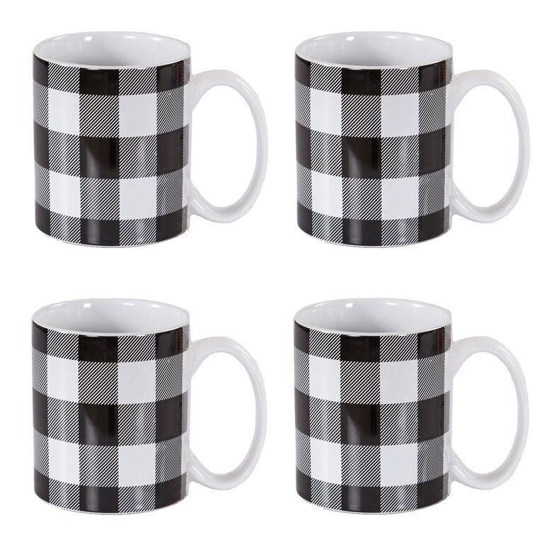 Set Ceramic Coffee Mug With Saucer And Spoon 9 1oz Plaid Pattern