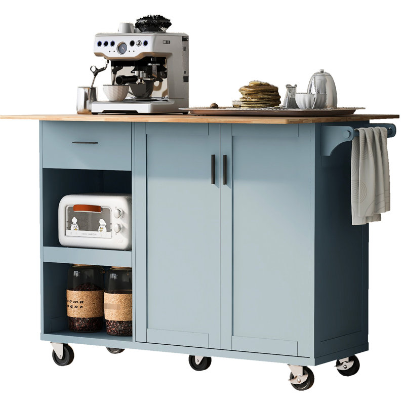 Foldable Kitchen Storage Island, Grey Blue. Two Doors + One Drawer Slide-out Shelf. Spacious Space Blue Cart With Counter And