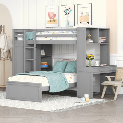 Lit mezzanine avec lit autonome, tablettes, bureau et garde-robe