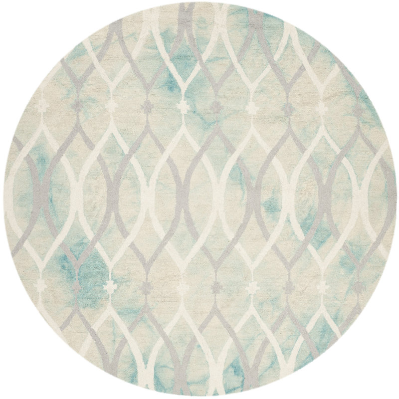 Tapis vert / ivoire touffeté à la main à motif géométrique Amekia, Rond 5 pi