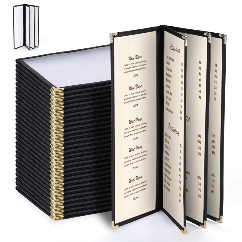 WeChef 30 Pcs 4,25 x 14 po Couvertures de menu de restaurant 4 Page 8 Voir les supports de menu Double-surpiqûres PVC transparent Manchons de menu pour la carte des vins Bar à boissons Café-hôtel