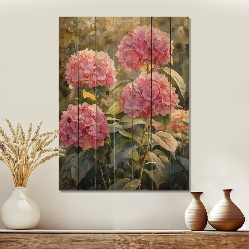 Hortensias dans un jardin ensoleillé III - décoration murale en bois d'hortensias - sur bois de pin naturel