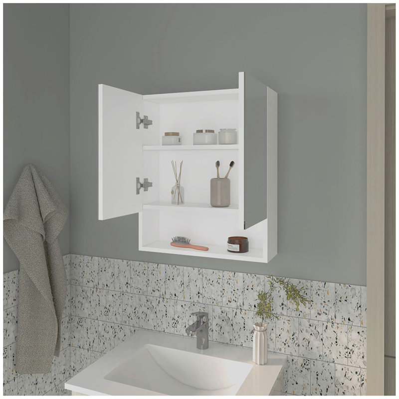 Armoire à pharmacie blanche avec portes en miroir et rangement ouvert